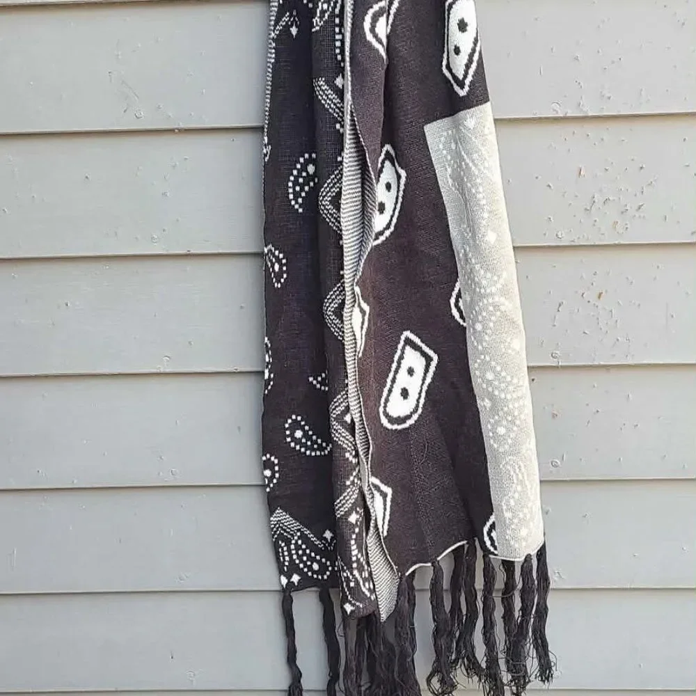 Black Gray White Acrylic? Winter Scarf Paisley